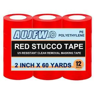 Red Stucco Tape, 2" x 60 Yards, Case of 12 Roll, Heavy Duty Red Poly Tape for Concrete, Stucco, Brick, Rough Surfaces, Patching Repairs Renovations, UV Resistant, Clean Removal Red Stucco Tape, 2" x 60 Yards, Case of 12 Roll, Heavy Duty Red Poly Tape for Concrete, Stucco, Brick, Rough Surfaces, Patching Repairs Renovations, UV Resistant, Clean Removal