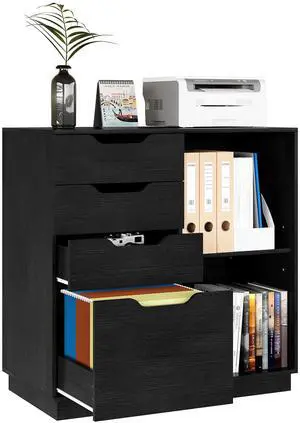 4 Drawer Filing Cabinet Organizer with 2 Open Shelves, Heavy Duty for Storing Letter A4 Size and Printer, Wood Lateral File Cabinets for Home Office, Hanging Files, Black, Easy Assembly 4 Drawer Filing Cabinet Organizer with 2 Open Shelves, Heavy Duty for Storing Letter A4 Size and Printer, Wood Lateral File Cabinets for Home Office, Hanging Files, Black, Easy Assembly
