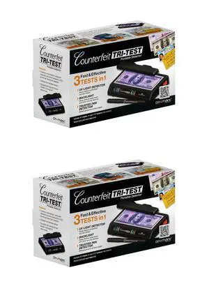 Tri Test 2.0 Counterfeit Bill Detector Machine w/AC Adapter - 2 Pack - 3 Tests in 1 - Paper, Security Strip and Watermark Tests, Accurate Money Tester Machine with Counterfeit Detection Pen Tri Test 2.0 Counterfeit Bill Detector Machine w/AC Adapter - 2 Pack - 3 Tests in 1 - Paper, Security Strip and Watermark Tests, Accurate Money Tester Machine with Counterfeit Detection Pen
