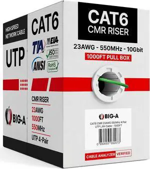 Big-A Cat 6 Ethernet Cable 1000ft Green, Cat6 Bulk Cable, 23AWG Solid UTP CMR Riser, 550MHz Network Internet LAN Cable, Pull Box Big-A Cat 6 Ethernet Cable 1000ft Green, Cat6 Bulk Cable, 23AWG Solid UTP CMR Riser, 550MHz Network Internet LAN Cable, Pull Box