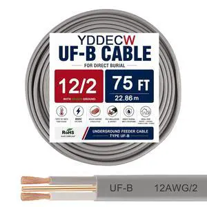 12/2 UF-B Wire - 75FT 100% Pure Copper 12AWG 2 Connector Direct Burial Electrical Cable 12 Gauge for Underground Feeder Wet or Corrosive Locations Indoor & Outdoor etc 12/2 UF-B Wire - 75FT 100% Pure Copper 12AWG 2 Connector Direct Burial Electrical Cable 12 Gauge for Underground Feeder Wet or Corrosive Locations Indoor & Outdoor etc