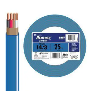 Southwire Romex SIMpull Electrical Wire, 14 Gauge, 3 Conductor, 25 Ft, NM-B Cable, Blue, 63946921 Southwire Romex SIMpull Electrical Wire, 14 Gauge, 3 Conductor, 25 Ft, NM-B Cable, Blue, 63946921