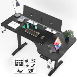 JWX Dual Motor L Shaped Standing Desk 63, Electric Height Adjustable Gaming Desk with Memory Presets, Child Lock, Sit Stand Reminder, Carbon Fiber Desktop, Cable Management, Cup Holder JWX Dual Motor L Shaped Standing Desk 63, Electric Height Adjustable Gaming Desk with Memory Presets, Child Lock, Sit Stand Reminder, Carbon Fiber Desktop, Cable Management, Cup Holder