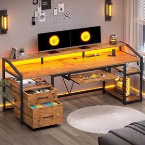 SEDETA 63" Computer Desk, Office Desk with Lock Drawers for Legal/Letter File, Gaming Desk with LED Light & Power Outlet, Home Office Desks for Printer, Rustic Brown SEDETA 63" Computer Desk, Office Desk with Lock Drawers for Legal/Letter File, Gaming Desk with LED Light & Power Outlet, Home Office Desks for Printer, Rustic Brown