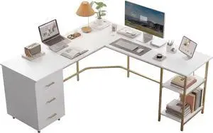 Techni Mobili 59" Two-Tone LShaped Office Desk with Storage Shelves, Gold Techni Mobili 59" Two-Tone LShaped Office Desk with Storage Shelves, Gold