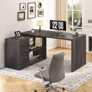 HSH 55-76 Inch Dark Grey L Shaped Desk,Corner Desk with Storage Drawers HSH 55-76 Inch Dark Grey L Shaped Desk,Corner Desk with Storage Drawers