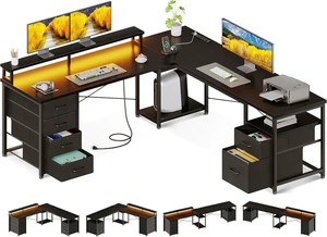 AODK 66" L Shaped Computer Desk, 113 Reversible Home Office Desk with File Cabinet & 4 Fabric Drawers, Two Person Desk with LED Lights & Power Outlet, Corner Gaming Desk with Monitor Shelf, Black AODK 66" L Shaped Computer Desk, 113 Reversible Home Office Desk with File Cabinet & 4 Fabric Drawers, Two Person Desk with LED Lights & Power Outlet, Corner Gaming Desk with Monitor Shelf, Black