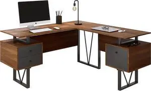 Techni Mobili Reversible L-Shaped Computer Desk with File Cabinet, Brown Techni Mobili Reversible L-Shaped Computer Desk with File Cabinet, Brown