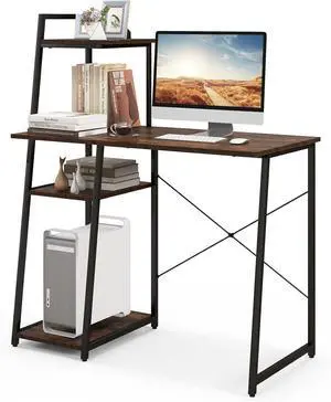 COSTWAY Computer Desk with 4-Tier Storage Shelves, Home Office Desk Writing Table with Sturdy X-Shape Frame, Adjustable Foot Pads, Modern Simple Style Small Study Desk, Wide Tabletop (Brown and Black) COSTWAY Computer Desk with 4-Tier Storage Shelves, Home Office Desk Writing Table with Sturdy X-Shape Frame, Adjustable Foot Pads, Modern Simple Style Small Study Desk, Wide Tabletop (Brown and Black)