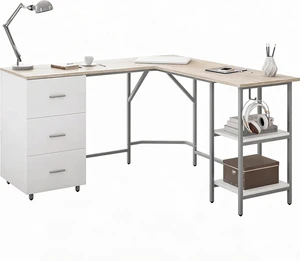 Techni Mobili 59" Two-Tone LShaped Office Desk with Storage Shelves, Sand Techni Mobili 59" Two-Tone LShaped Office Desk with Storage Shelves, Sand