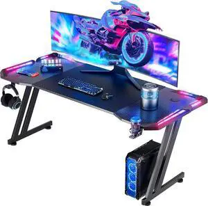 HLDIRECT 63 Inch Gaming Desk Z Shaped Carbon Fiber Computer Desk with LED HLDIRECT 63 Inch Gaming Desk Z Shaped Carbon Fiber Computer Desk with LED