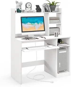 GIANTEX Computer Desk with Hutch, 43.5 Inch Home Office Desk with Keyboard Tray & Charging Station, Laptop PC Table for Workstation, Modern Study Writing Desk for Small Space, Bedroom, White GIANTEX Computer Desk with Hutch, 43.5 Inch Home Office Desk with Keyboard Tray & Charging Station, Laptop PC Table for Workstation, Modern Study Writing Desk for Small Space, Bedroom, White