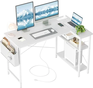 TIQLAB L Shaped Computer Desk with Power Outlets, 47 Inch Small Corner Desk with Reversible Shelves, Gaming Desk Computer Table Study Writing Desk for Home Office Small Space, White TIQLAB L Shaped Computer Desk with Power Outlets, 47 Inch Small Corner Desk with Reversible Shelves, Gaming Desk Computer Table Study Writing Desk for Home Office Small Space, White