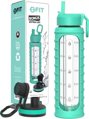 FIT Strong & Healthy 32 oz Glass Water Bottle with Straw Lid - Wide Mouth Borosilicate Glass Water Bottles with Time Marker, Silicone Sleeve & Extra Lid - 1L Large Motivational Drinking Bottle FIT Strong & Healthy 32 oz Glass Water Bottle with Straw Lid - Wide Mouth Borosilicate Glass Water Bottles with Time Marker, Silicone Sleeve & Extra Lid - 1L Large Motivational Drinking Bottle