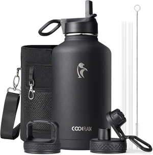 Coolflask Half Gallon Water Bottle Insulated with Straw & 3 Leakproof Lids Coolflask Half Gallon Water Bottle Insulated with Straw & 3 Leakproof Lids
