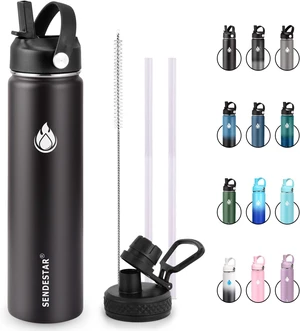 SENDESTAR Insulated Water Bottle 24 OZ, Wide Mouth 24 oz Water Bottle with Straw Lid, Spout Lid, Double Wall Vacuum Stainless Steel Leak Proof, Keeps Liquids Hot or Cold (Black) SENDESTAR Insulated Water Bottle 24 OZ, Wide Mouth 24 oz Water Bottle with Straw Lid, Spout Lid, Double Wall Vacuum Stainless Steel Leak Proof, Keeps Liquids Hot or Cold (Black)