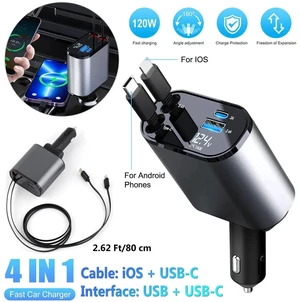 120W Fast Car Charger Retractable Car Charger 4in1 Fast Car Phone 16 Charger 120W USB Type C Cable 120W Fast Car Charger Retractable Car Charger 4in1 Fast Car Phone 16 Charger 120W USB Type C Cable