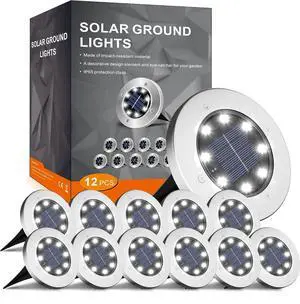 12 Pack 4.6 Inch Solar Ground Lights Outdoor, Waterproof, Cold White | 8 LEDs, 600mAh Ni-MH battery, 8-10 hr runtime, stainless steel and ABS body, garden lights for pathways, lawns and driveways 12 Pack 4.6 Inch Solar Ground Lights Outdoor, Waterproof, Cold White | 8 LEDs, 600mAh Ni-MH battery, 8-10 hr runtime, stainless steel and ABS body, garden lights for pathways, lawns and driveways