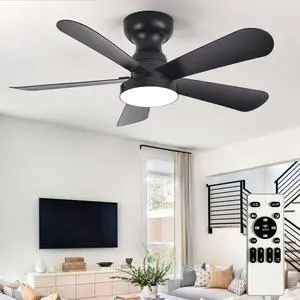 Black Ceiling Fan with Lights: 35-Inch Flush Mount Fan with Light and Remote - Low Profile Ceiling Fans Reversible Quiet DC Motor for Bedroom Living Room Indoor Outdoor Black Ceiling Fan with Lights: 35-Inch Flush Mount Fan with Light and Remote - Low Profile Ceiling Fans Reversible Quiet DC Motor for Bedroom Living Room Indoor Outdoor