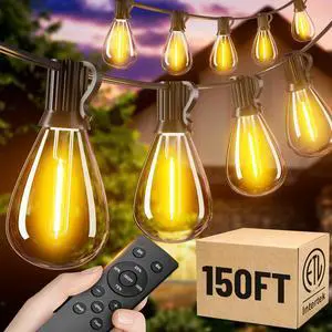 150FT Outdoor String Lights with Remote, Waterproof Patio Lights with 55+2 Shatterproof LED Bulbs,Dimmable Hanging Decor for Backyard Garden Porch Bistro, Timer & 3 Modes,2700K Warm White 150FT Outdoor String Lights with Remote, Waterproof Patio Lights with 55+2 Shatterproof LED Bulbs,Dimmable Hanging Decor for Backyard Garden Porch Bistro, Timer & 3 Modes,2700K Warm White
