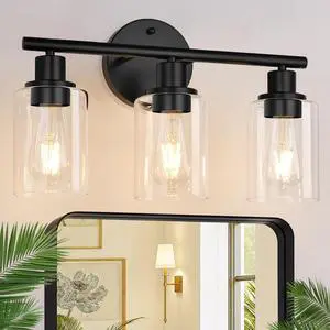 3-Light Bathroom Light Fixtures, 17.23" Black Modern Vanity Lights with Clear Glass Shade, Bathroom Wall Lamp for Mirror Kitchen Living Room Hallway Cabinet Porch 3-Light Bathroom Light Fixtures, 17.23" Black Modern Vanity Lights with Clear Glass Shade, Bathroom Wall Lamp for Mirror Kitchen Living Room Hallway Cabinet Porch