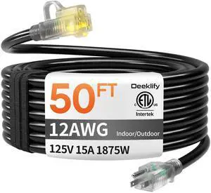 12 Gauge 50 FT Heavy Duty Outdoor Extension Cord Waterproof with Lighted End,Black 12 Gauge Extension Cord Flexible and Cold Resistant 3 Prong Grounded Plug,15Amp 1875W SJTW ETL Listed 12 Gauge 50 FT Heavy Duty Outdoor Extension Cord Waterproof with Lighted End,Black 12 Gauge Extension Cord Flexible and Cold Resistant 3 Prong Grounded Plug,15Amp 1875W SJTW ETL Listed