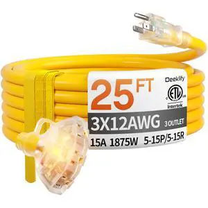 25 FT 12 Gauge Heavy Duty Extension Cord with Multiple Outlets | 25 Feet 3 Outlet Yellow Extension Cord Heavy Duty, Indicator, Flexible Waterproof SJTW, 15A 1875W, ETL Listed, Home/Garden 25 FT 12 Gauge Heavy Duty Extension Cord with Multiple Outlets | 25 Feet 3 Outlet Yellow Extension Cord Heavy Duty, Indicator, Flexible Waterproof SJTW, 15A 1875W, ETL Listed, Home/Garden