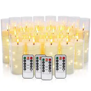 24 Pcs LED Flameless Candles with Remote, 3D Flickering Flame & LED String Lights, Acrylic Clear Cylinder, Timer Function, Romantic Ambience for Home Decor, Party, Wedding (Ivory) 24 Pcs LED Flameless Candles with Remote, 3D Flickering Flame & LED String Lights, Acrylic Clear Cylinder, Timer Function, Romantic Ambience for Home Decor, Party, Wedding (Ivory)