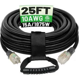 25 Ft 10AWG Outdoor Extension Cord Waterproof Heavy Duty, Black | 10 Gauge 3 Prong, Flexible Cold-Resistant Power Cord Indoor & Outside with Lighted Indicator End, 15A 1875W SJTW ETL Listed 25 Ft 10AWG Outdoor Extension Cord Waterproof Heavy Duty, Black | 10 Gauge 3 Prong, Flexible Cold-Resistant Power Cord Indoor & Outside with Lighted Indicator End, 15A 1875W SJTW ETL Listed