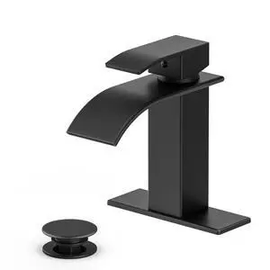 Waterfall Bathroom Faucet, Matte Black Stainless Steel, 1-Handle | Modern Bathroom Sink Faucet for RV & Outdoor Basins, Pop-Up Drain, Supply Lines, 6-in Deck Plate, 1- or 3-Hole, NSF Certified Waterfall Bathroom Faucet, Matte Black Stainless Steel, 1-Handle | Modern Bathroom Sink Faucet for RV & Outdoor Basins, Pop-Up Drain, Supply Lines, 6-in Deck Plate, 1- or 3-Hole, NSF Certified