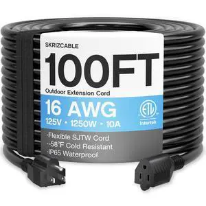 16/3 100 Ft Outdoor Extension Cord Waterproof, Weatherproof & Flame Retardant Black 3 Prong Power Cord Outside for Lawn & Garden, 16AWG 10A 1250W 125V SJTW ETL Listed 16/3 100 Ft Outdoor Extension Cord Waterproof, Weatherproof & Flame Retardant Black 3 Prong Power Cord Outside for Lawn & Garden, 16AWG 10A 1250W 125V SJTW ETL Listed