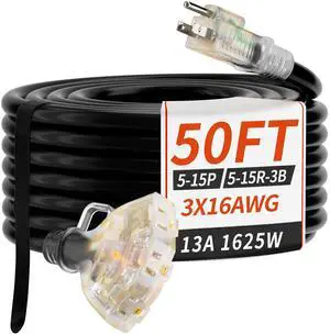 50 FT 16/3 Outdoor Extension Cord with Multiple Outlets Black | Flexible 3 Outlet Waterproof Extension Cord, 13A 1625W 16AWG SJTW, ETL Listed, Indicator & Hook, Garden/Workshop/Outdoor 50 FT 16/3 Outdoor Extension Cord with Multiple Outlets Black | Flexible 3 Outlet Waterproof Extension Cord, 13A 1625W 16AWG SJTW, ETL Listed, Indicator & Hook, Garden/Workshop/Outdoor