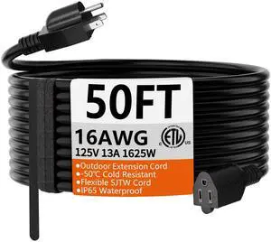 Black Extension Cord 50 FT, 16 Gauge, Outdoor Electric Cable | 3 Prong Extension Cord 50 FT Black, Appliance Extension Cord Waterproof with Strap, 16AWG 13A 1625W SJTW, ETL Listed Black Extension Cord 50 FT, 16 Gauge, Outdoor Electric Cable | 3 Prong Extension Cord 50 FT Black, Appliance Extension Cord Waterproof with Strap, 16AWG 13A 1625W SJTW, ETL Listed