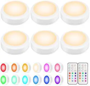 LED Puck Lights with Remote Control, Wireless Under Cabinet & Closet Lighting, RGB 13 Color Changing Lights with Dimmer, Timer & AA Battery Operated, Push, Touch, Stick on for Night, White, 6 Pack LED Puck Lights with Remote Control, Wireless Under Cabinet & Closet Lighting, RGB 13 Color Changing Lights with Dimmer, Timer & AA Battery Operated, Push, Touch, Stick on for Night, White, 6 Pack
