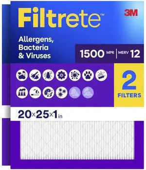 20x25x1 Air Filter, MERV 12, MPR 1500, Allergens, Bacteria & Viruses, 3-Month AC and Furnace Filters, Cleaner Air, Reliable Airflow, 2 HVAC Filters (Actual Size 19.62 x 24.62 x 0.78 in) 20x25x1 Air Filter, MERV 12, MPR 1500, Allergens, Bacteria & Viruses, 3-Month AC and Furnace Filters, Cleaner Air, Reliable Airflow, 2 HVAC Filters (Actual Size 19.62 x 24.62 x 0.78 in)
