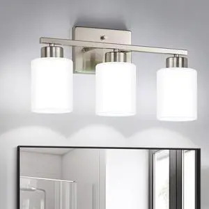 Brushed Nickel Bathroom Light Fixtures Vanity Lights Over Mirror | Modern 3-Light lighting fixtures for bathroom with Milky White Frosted Glass Shades, E26 Socket (Bulbs Not Included) Brushed Nickel Bathroom Light Fixtures Vanity Lights Over Mirror | Modern 3-Light lighting fixtures for bathroom with Milky White Frosted Glass Shades, E26 Socket (Bulbs Not Included)