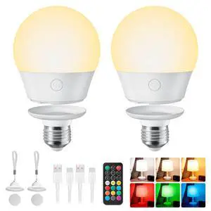 E26 Rechargeable Light Bulb with Remote and Timer | Magnetic Base, Battery Backup Bulb for Sconce, Lamps and Non-Hardwired Fixtures, 3 Color Temperatures + 9 RGB Colors, 2 Pack E26 Rechargeable Light Bulb with Remote and Timer | Magnetic Base, Battery Backup Bulb for Sconce, Lamps and Non-Hardwired Fixtures, 3 Color Temperatures + 9 RGB Colors, 2 Pack