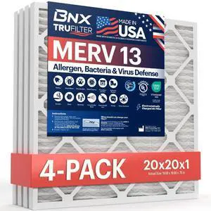 TruFilter 20x20x1 MERV 13 (4-Pack) AC Furnace Air Filter - MADE IN USA - Electrostatic Pleated Air Conditioner HVAC AC Furnace Filters - Removes Pollen, Mold, Bacteria, Smoke TruFilter 20x20x1 MERV 13 (4-Pack) AC Furnace Air Filter - MADE IN USA - Electrostatic Pleated Air Conditioner HVAC AC Furnace Filters - Removes Pollen, Mold, Bacteria, Smoke