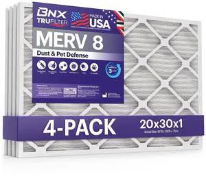 TruFilter 20x30x1 Air Filter MERV 8 (4-Pack) - MADE IN USA Dust & Pet Defense Electrostatic Pleated Air Conditioner HVAC AC Furnace Filters for Dust, Pet, Mold, Pollen MPR 600 700 & FPR 5 TruFilter 20x30x1 Air Filter MERV 8 (4-Pack) - MADE IN USA Dust & Pet Defense Electrostatic Pleated Air Conditioner HVAC AC Furnace Filters for Dust, Pet, Mold, Pollen MPR 600 700 & FPR 5
