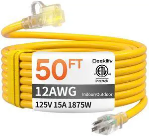 12 Gauge 50 FT Heavy Duty Outdoor Extension Cord Waterproof Yellow | Waterproof with Lighted End, Flexible and Cold Resistant, 3 Prong Extension Cord Yellow, 15Amp 1875W SJTW, ETL Listed 12 Gauge 50 FT Heavy Duty Outdoor Extension Cord Waterproof Yellow | Waterproof with Lighted End, Flexible and Cold Resistant, 3 Prong Extension Cord Yellow, 15Amp 1875W SJTW, ETL Listed