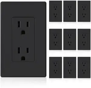 Matte Black Standard Decorator Electrical Wall Receptacle Outlet, 15A 125V, 2 Pole 3 Wire, Non-Tamper Resistant, NEMA 5-15R, Self-Grounding, Wall Plate Included, UL Listed, 10 Pack Matte Black Standard Decorator Electrical Wall Receptacle Outlet, 15A 125V, 2 Pole 3 Wire, Non-Tamper Resistant, NEMA 5-15R, Self-Grounding, Wall Plate Included, UL Listed, 10 Pack