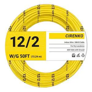 12/2 NM-B Cable 50 FT, UL Listed 12 Gauge Indoor Wire with Ground | Solid Bare Copper, No CCA, Durable Yellow NM-B Jacket, Easy to Strip, for Residential Dry Locations, 600V Rated 12/2 NM-B Cable 50 FT, UL Listed 12 Gauge Indoor Wire with Ground | Solid Bare Copper, No CCA, Durable Yellow NM-B Jacket, Easy to Strip, for Residential Dry Locations, 600V Rated