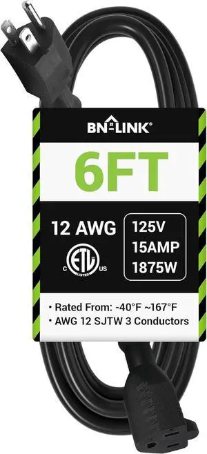 6ft Outdoor Extension Cord, 12/3 SJTW Heavy Duty Power Cord, 3-Prong Grounded Plug, Weather Resistant, 15A, 1875W, Black, for Lawn, Garden, Appliances, ETL Listed 6ft Outdoor Extension Cord, 12/3 SJTW Heavy Duty Power Cord, 3-Prong Grounded Plug, Weather Resistant, 15A, 1875W, Black, for Lawn, Garden, Appliances, ETL Listed