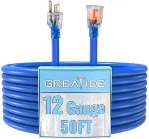 Extension Cord with Lighted End, 12 Gauge Heavy Duty Outdoor 50 FT, 3 Prong Grounded 15 Amp Extension Cord, 12/3 SJTW Waterproof Power Cord for Appliance, UL Listed, Blue Extension Cord with Lighted End, 12 Gauge Heavy Duty Outdoor 50 FT, 3 Prong Grounded 15 Amp Extension Cord, 12/3 SJTW Waterproof Power Cord for Appliance, UL Listed, Blue