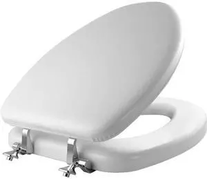 Padded Toilet Seat with Chrome Hinges, Soft Vinyl over Wood Core Seat, Made in USA, Elongated, White Padded Toilet Seat with Chrome Hinges, Soft Vinyl over Wood Core Seat, Made in USA, Elongated, White