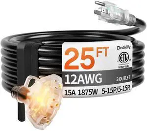 25FT 12 Gauge Black Outdoor Extension Cord with Multiple Outlets | 3 Outlet Black Extension Cord 25 Feet, Indicator Light & Hook, Flexible Waterproof SJTW, 15A 1875W, ETL Listed, Home/Garden 25FT 12 Gauge Black Outdoor Extension Cord with Multiple Outlets | 3 Outlet Black Extension Cord 25 Feet, Indicator Light & Hook, Flexible Waterproof SJTW, 15A 1875W, ETL Listed, Home/Garden