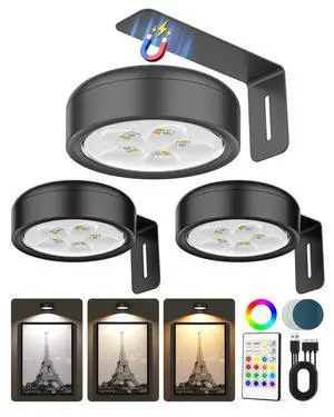 3 Pack Picture Lights for Wall,Wireless 2000mAh Rechargeable Magnetic LED Puck Lights with Remote,3 Color Temps and 12 RGB,Dimming & Timer,Art Frame Light for Painting Display,Photos,Wall Decor 3 Pack Picture Lights for Wall,Wireless 2000mAh Rechargeable Magnetic LED Puck Lights with Remote,3 Color Temps and 12 RGB,Dimming & Timer,Art Frame Light for Painting Display,Photos,Wall Decor