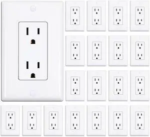 Decorator Receptacle Outlet with Wall Plate, Non-Tamper-Resistant Electrical Outlet, 15 amp Outlet, Self-Grounding, UL Listed, White (20 Pack) Decorator Receptacle Outlet with Wall Plate, Non-Tamper-Resistant Electrical Outlet, 15 amp Outlet, Self-Grounding, UL Listed, White (20 Pack)