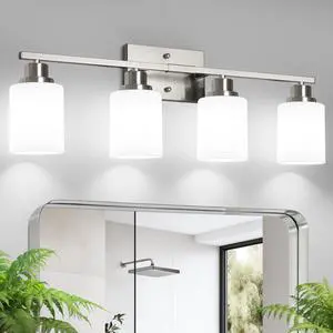 Bathroom Light Fixtures, 4-Light Vanity Light Over Mirror, Brushed Nickel Wall Sconces with Milky White Frosted Glass Shades, Wall Lamp for Living Room Bedroom, E26 Base(Bulbs Not Included) Bathroom Light Fixtures, 4-Light Vanity Light Over Mirror, Brushed Nickel Wall Sconces with Milky White Frosted Glass Shades, Wall Lamp for Living Room Bedroom, E26 Base(Bulbs Not Included)
