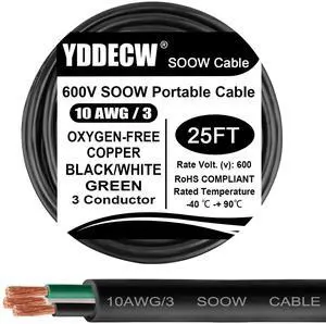 25ft 10/3 10 AWG Portable Power Cable (3 Conductor) - SOOW 600V 10 Gauge Electric Wire for Motor Leads, Portable Lights, Battery Chargers and Machinery - 3 Conductor - 25 Feet Electrical Cord 25ft 10/3 10 AWG Portable Power Cable (3 Conductor) - SOOW 600V 10 Gauge Electric Wire for Motor Leads, Portable Lights, Battery Chargers and Machinery - 3 Conductor - 25 Feet Electrical Cord